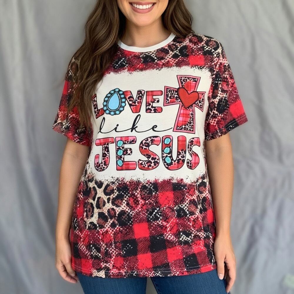 “Love Like Jesus Graphic Tee 4XL Plus Size Leopard Plaid Cross Faith Top”